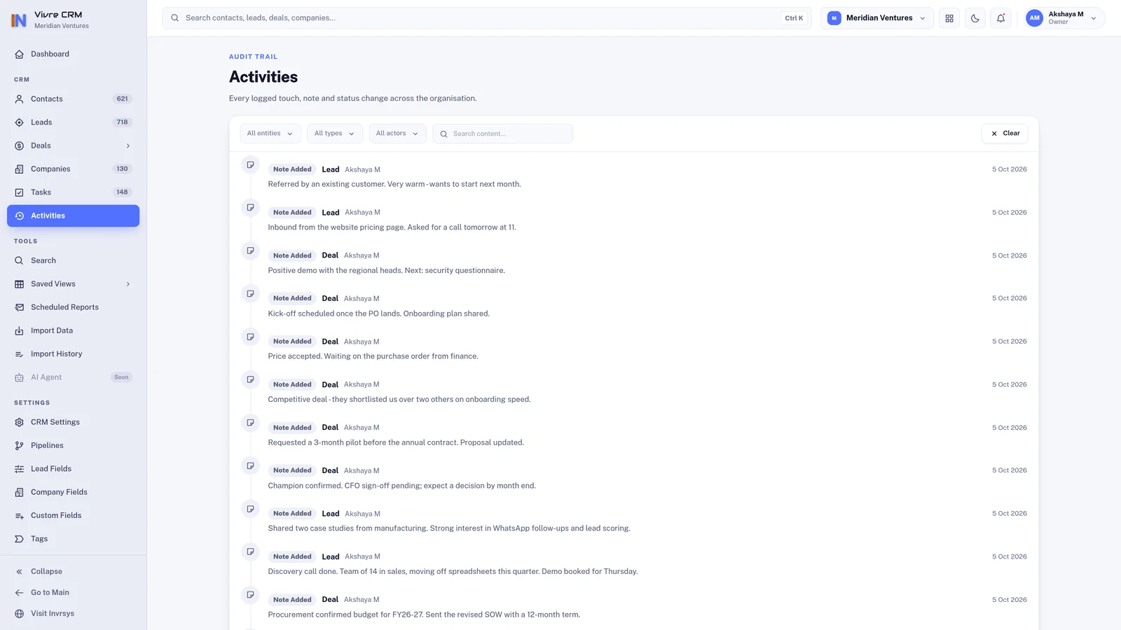 The VivreCRM activity feed: notes and status changes against leads and deals, newest first.